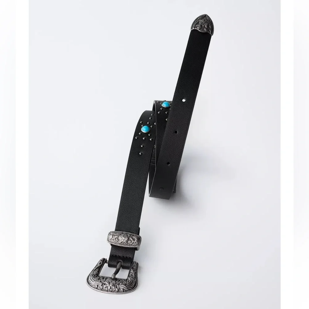 Zara Black Belt with Silver Western Buckle and Turquoise Studs